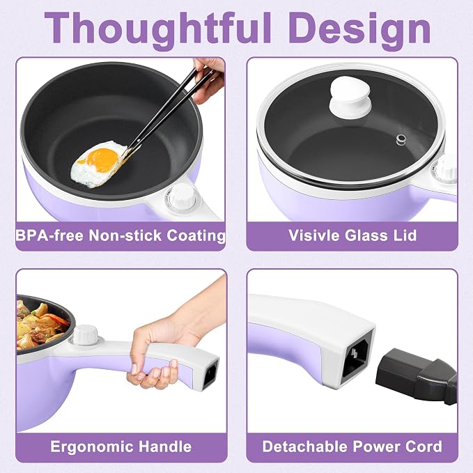 Dezin Hot Pot Electric, 1.5L Non-Stick Portable Electric Pot, Dual Power | 700W Upgraded Electric Pot for Cooking Steak, Egg, Oatmeal, Soup, Mini Ramen Cooker for Dorm, Travel, Camping, RV, Purple Pan