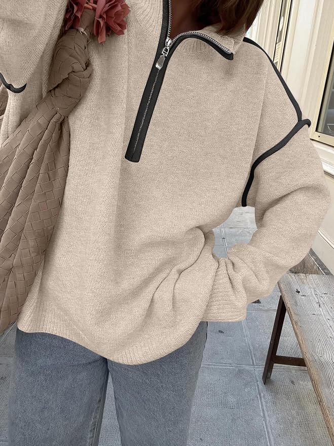 ANRABESS Womens Quarter Zip Sweaters Fall Long Sleeve V Neck Shirts Collared Business Casual Tops Knit Pullover Sweatshirts