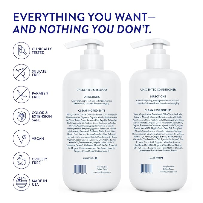 Routine Wellness Shampoo and Conditioner Set and Hair Serum for Thinning Hair - DHT Blocker Women & Men - Color Safe Shampoo for Hair Loss & Hair Growth - Unscented Set + Serum