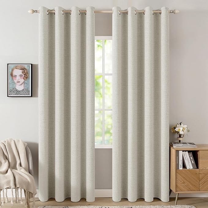 MIULEE Linen Texture Curtains for Bedroom Light Cream 100% Blackout Thermal Insulated Linen Curtains Grommet Room Darkening Drapes for Living Room 52x84 Inch (2 Panels)