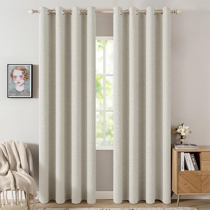 MIULEE Linen Texture Curtains for Bedroom Light Cream 100% Blackout Thermal Insulated Linen Curtains Grommet Room Darkening Drapes for Living Room 52x72 Inch (2 Panels)