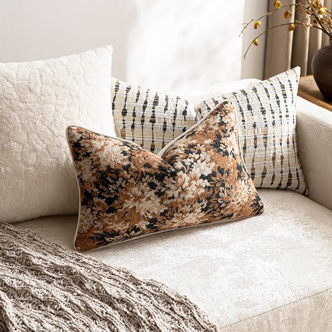 Pack of 2 Vintage Floral Pillow Covers 12x20 Boho Farmhouse Accents Chenille Rectangular Lumbar Decorative Throw Pillow Cases for Living Room Couch Bed Home Decor, Cognac