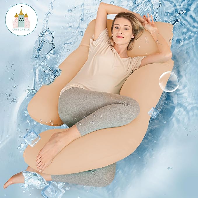 Cute Castle Cooling Cover Pregnancy Pillows, Soft U-Shape Maternity Pillow with Removable Cover - Full Body Pillows for Adults Sleeping - Pregnancy Must Haves - Jumbo 57 Inch - Brown