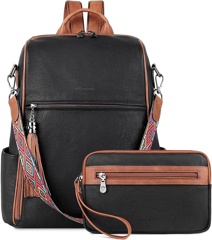 FADEON Leather Backpack Purse for Women Designer Travel Backpack Purses PU Fashion Ladies Shoulder Bag with Tassel