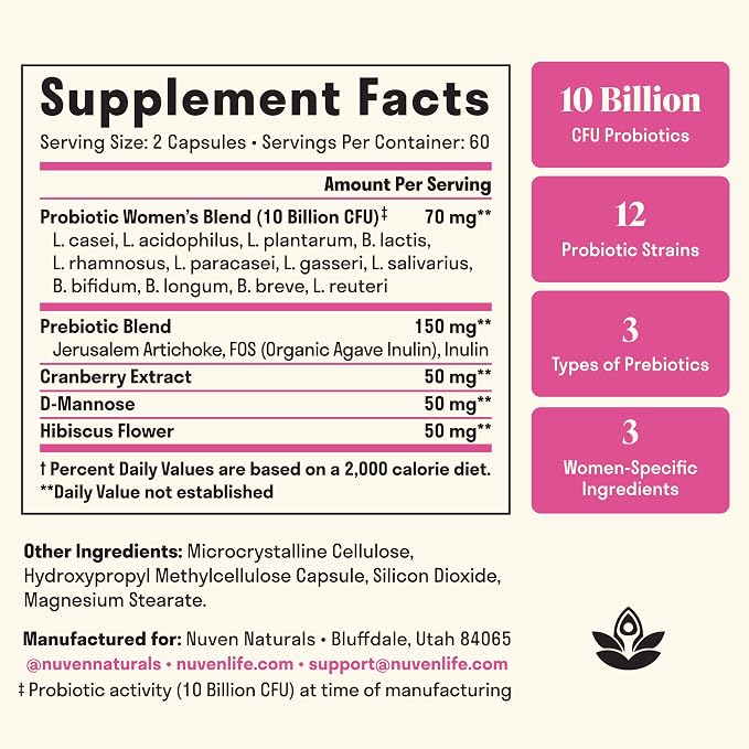 3-in-1 Womens Probiotic - 60 Servings - 12 Unique Strains, Prebiotics, D-Mannose, & Cranberry for Digestive Health, Vaginal Health & Immune Support - Prebiotics and Probiotics for Women | pH Balance