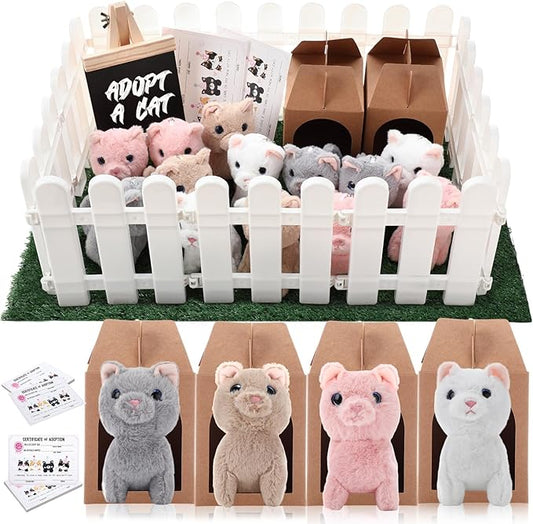 84 Pcs Adopt a Pet Party Favors 24 Mini Plush Stuffed Animals 10 White Plastic Fence 24 Paper Gift Boxes 24 Adoption Cards with Mini Chalkboard and Artificial Lawn(Cat)