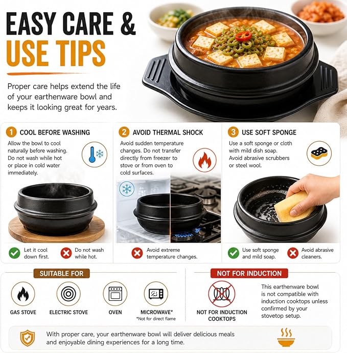 XICHENGSHIDAI Korean Stone Bowl, Dolsot with Tray, 27 Oz, Black | Heat-retaining bowl with tray for bibimbap, soup, stew and ramen; suitable for gas stovetops and ovens, not induction.