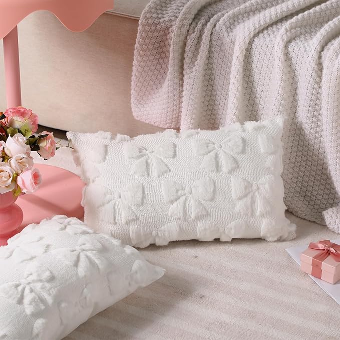 Mixweer Cream White Bow Pillow Covers Set of 2 Preppy Room Decor Coquette Cute Spring Summer Decorative Faux Fur Soft Bowknot Stuff Fluffy Plush Aesthetic Pillowcase for Bed Sofa Couch (12 x 20 Inch)