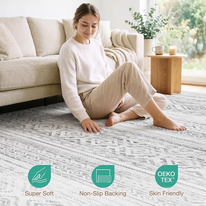 cotiled 9x12 Area Rugs Living Room Rug: Washable Boho Rugs with Non Slip Backing Large Soft Indoor Stain Resistant Carpet for Bedroom Farmhouse Dining Room Lightweight Home Decor Light Grey
