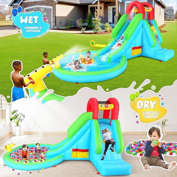 Inflatable Water Slide with Blower, 13x8.3x7.1 FT Blow Up Water Slide for Kids, 5-in-1 Compact WaterPark w/Long Slide, Water Cannon, Climbing Wall & Splash Pool for Backyard Outdoor Fun