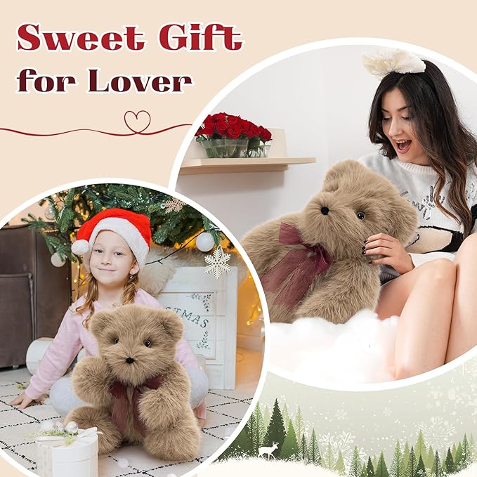 MorisMos Teddy Bear Stuffed Animal,16.5'' Brown Stuffed Bear Plush Toy for Kid Girl Boy,180° Joints Posed Cuddly Toy,Soft Long Hair Plush Teddy for Baby Shower Christams Valentine’s Birthday Gift