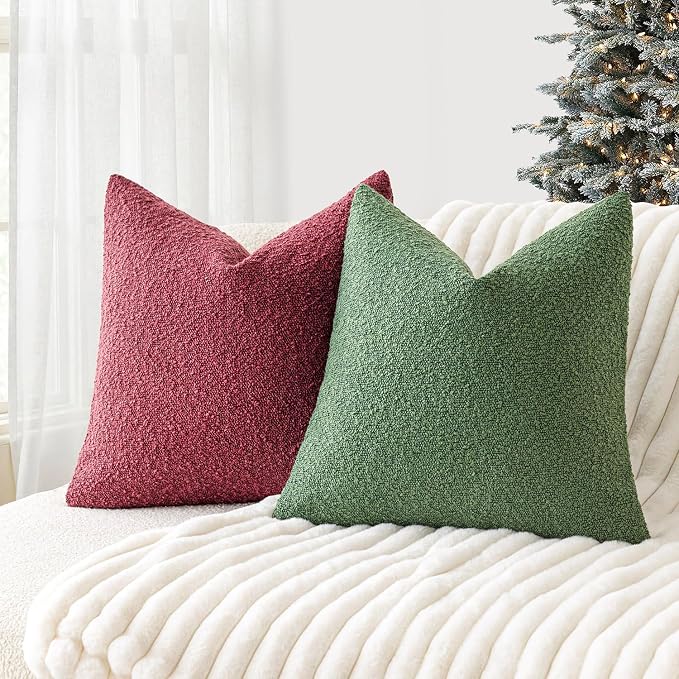 Foindtower Set of 2, Decorative Textured Boucle Throw Pillow Covers Accent Solid Pillow Cases Neutral Cozy Couch Cushion Case for Chair Sofa Bedroom Living Room Home Decor 24 x 24 Inch Hunter Green