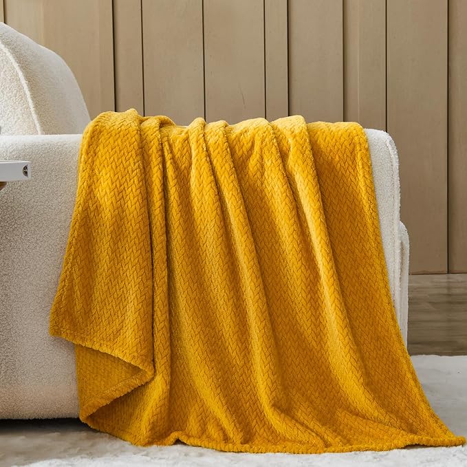 NEWCOSPLAY Fleece Leaves Pattern Queen Blanket, Mustard Yellow, 90"x90" | Super Soft Throw Blanket, Lightweight Cozy Bed Sofa Blanket, Premium Silky Flannel Fleece, Travel Blanket for All Season Use