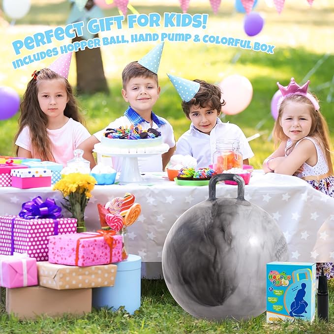 Upper Rider Clouds Hopper Ball for Kids,20 Inch Bouncy Ball with Handle,Grey Inflatable Hippity Hop for Boys Girls Aged 6-12, Indoor Outdoor Jumping Toys Gift with Pump