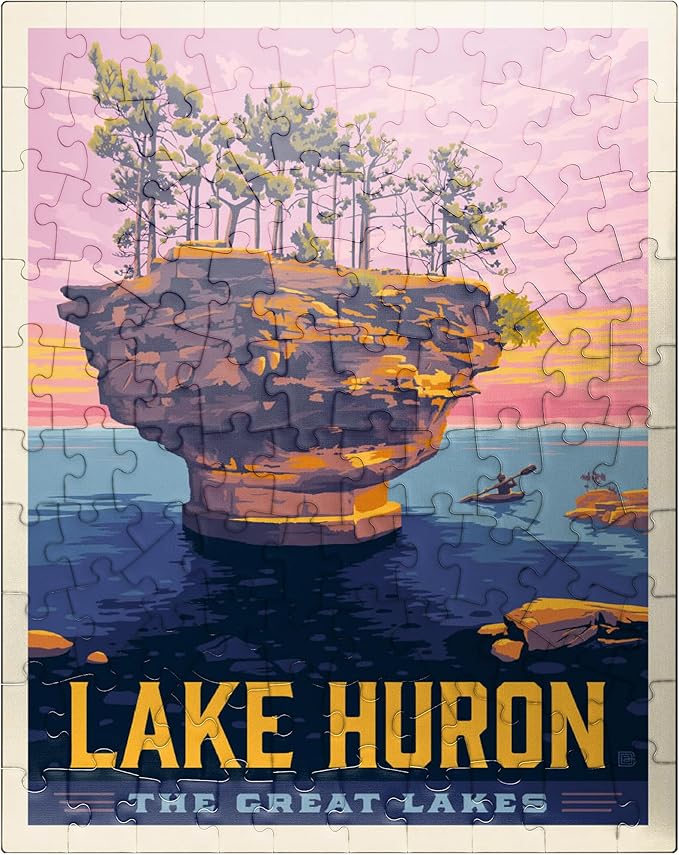 MyPuzzle Great Lakes: Lake Huron, Vintage Poster - Premium 100 Piece Jigsaw Puzzle for Adults