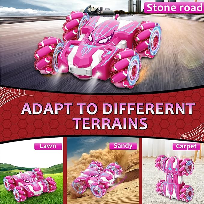 Remote Control Car for Girls, Rechargeable RC Cars Toys with Cool Lights, 2.4Ghz Double Sided Drift RC Stunt Cars, 360°Rotating 4WD Off-Road Race Car for 4-6 6-12 Girl Kids Gifts