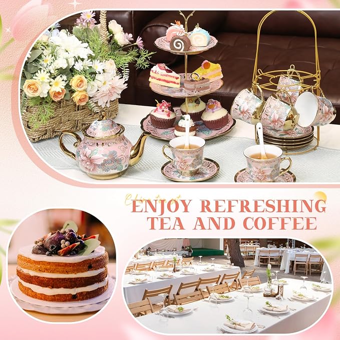 21 Pcs Ceramic Teapot Set Vintage Porcelain Tea Cups with Metal Holder and High Tier Cupcake Stand Saucers for Women Girls Farmhouse European Weddings Party Decor Gifts(Pink,Spring)