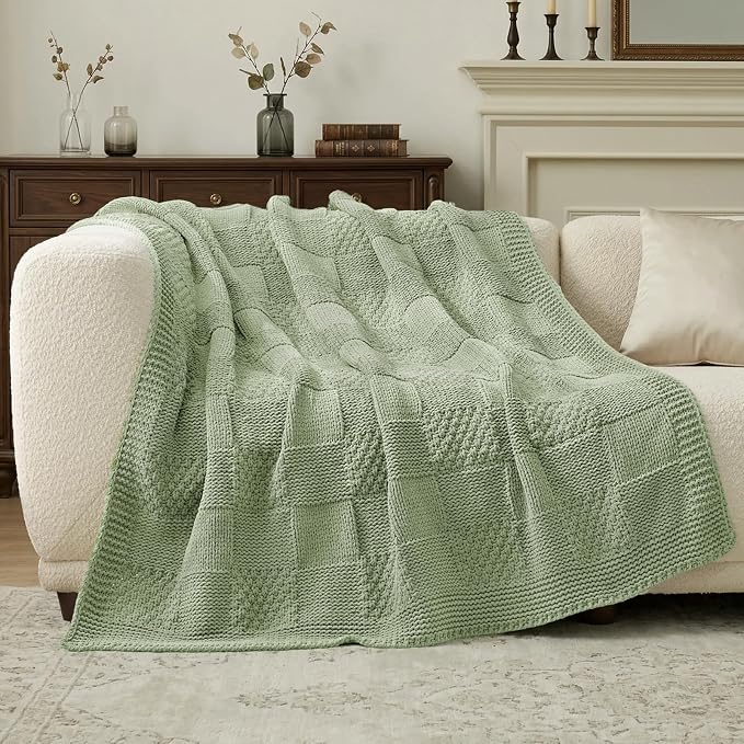 Knit Throw Blanket, Soft Chenille Cozy Breathable Checkered Chunky Decorative Blanket for Couch, Bed & Sofa, French-Inspired Lightweight Warm Gift for Women, Sage Green, 50"x60"