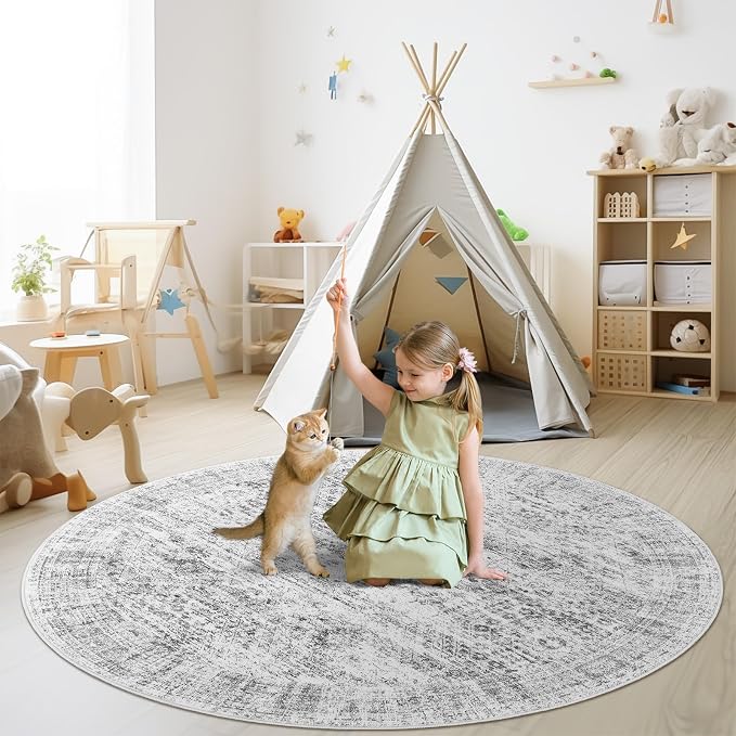 Soalmost 6x6 Grey Round Rug 6ft Circle Living Room Area Rugs Non-Slip | Washable Vintage Indoor Carpet for Dining Bedroom, Low Pile Stain Resistant Foldable Floor Mat Entryway Home Office Decor