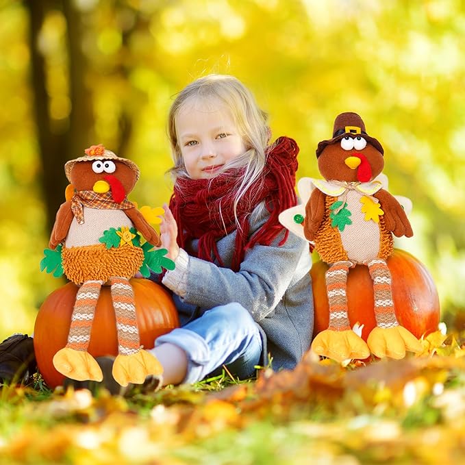2 Pack Turkey Stuffed Animal, Thanksgiving Table Decor Turkeys Plush Fall Couple Doll Indoor Gift for Thanksgiving Day Party Boys and Girls