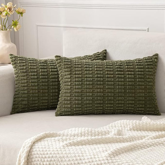 MIULEE Lumbar Corduroy Decorative Throw Pillow Covers 12x20 Olive Green | Pack of 2 Soft Boho Striped Pillow Covers Modern Farmhouse Home Decor For Sofa Living Room Couch Bed