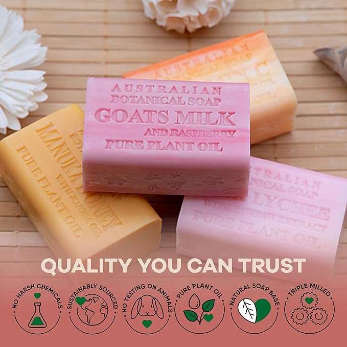 Australian Botanical Soap Sweet & Fruity 4 Bar Variety Pack – Goats Milk Raspberry, Manuka Honey, Pink Lychee & Valencia Orange, Triple Milled 6.6 oz Bars with Shea Butter