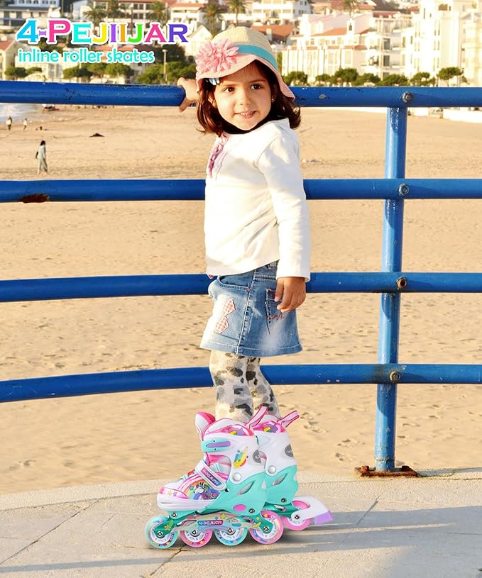 Unicorn Rainbow Inline Skates for Girls Teens Womans,4-Pejiijar Roller Skates for Girls Ages 6-8-12 w/Luminous Wheels,Kids Adjustable Roller Shoes for Birthday Xmas Gifts