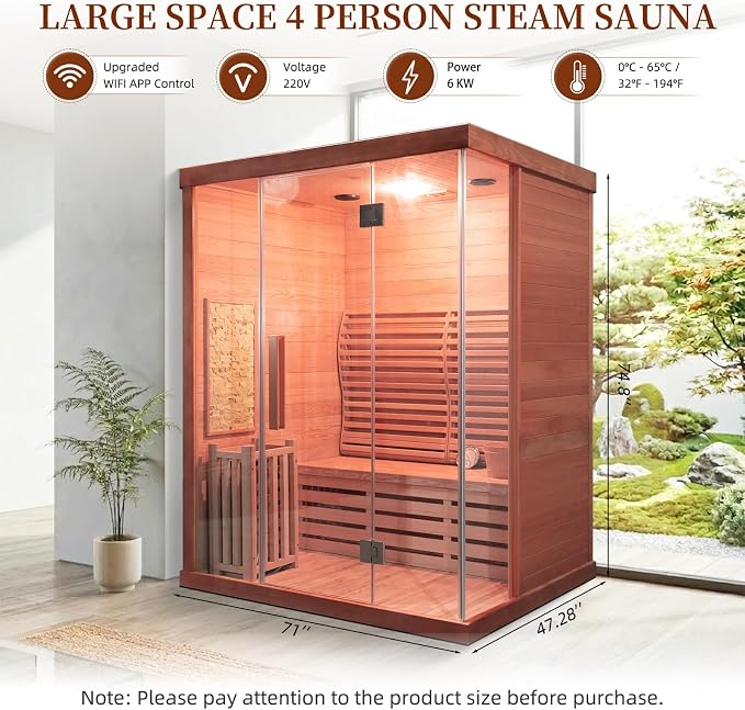 Smartmak Wood Home Traditional Steam Sauna, Wifi Control 4 Person Luxurious Indoor Canadian Red Cedar Wooden Spa Room, with 6 kw Heater, Backrest, Bluetooth Speaker, Rocks, Water Bucket, Spoon, Lights