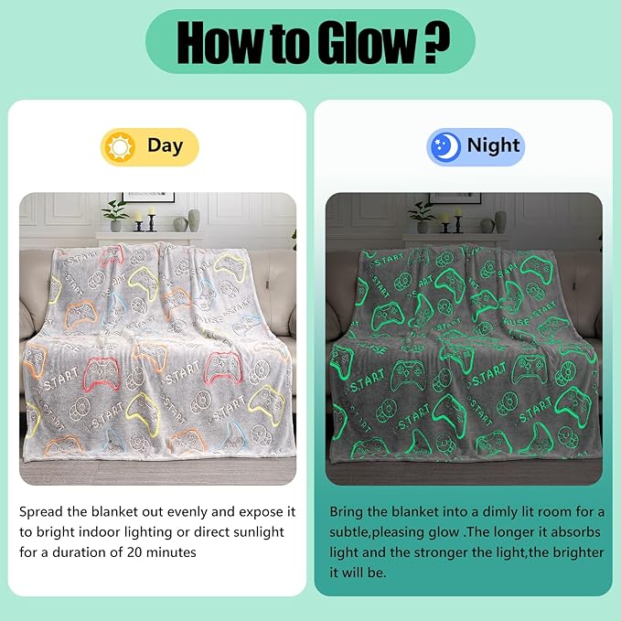 Glow in The Dark Blanket for Boys, Gamer Blanket Gifts for Kids, Game Controller Throw Blanket for Home Decor, Soft Warm Toys Birthday Gifts for Teens Men Boyfriend 50"x60"