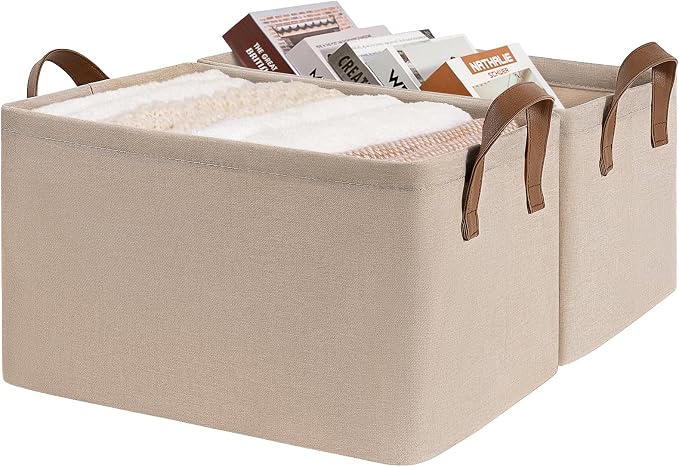 CHICVITA Large Fabric Storage Baskets for Shelves, Handles, 2-Pack, Brown | 30L, 16 ¾" L x 11" W x 9¾" H, Metal Frame, Clothes, Towels, Toys & Books Storage, Closet, Bedroom & Living Room Organization