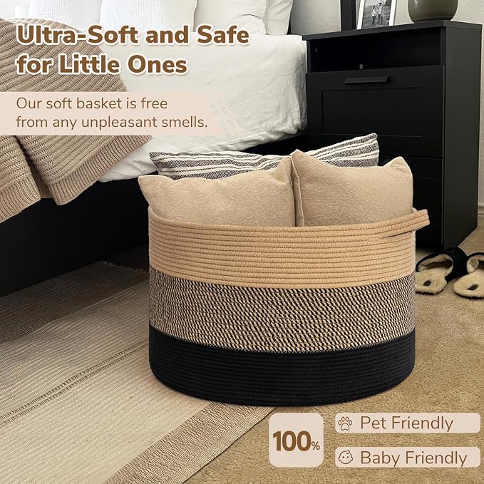 INDRESSME XXXLarge Woven Rope Blanket Basket Living Room, 90L | 21.7" x 13.8" Storage baskets for toys laundry & pillows. Fits living room, bedroom or nursery décor. Soft-touch with handles