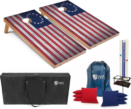 Tailgating Pros 4x2 Regulation Cornhole Boards Flag Set- Includes 8 Bean Bags, Carrying Cases, and Score Keeper - Optional LED Lights