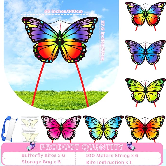 Silipull 6 Pcs Kites Butterfly Kite 55" x 28" Large Kites with 328ft String Colorful Beach Kite for Adults Beginner Outdoor Supplies