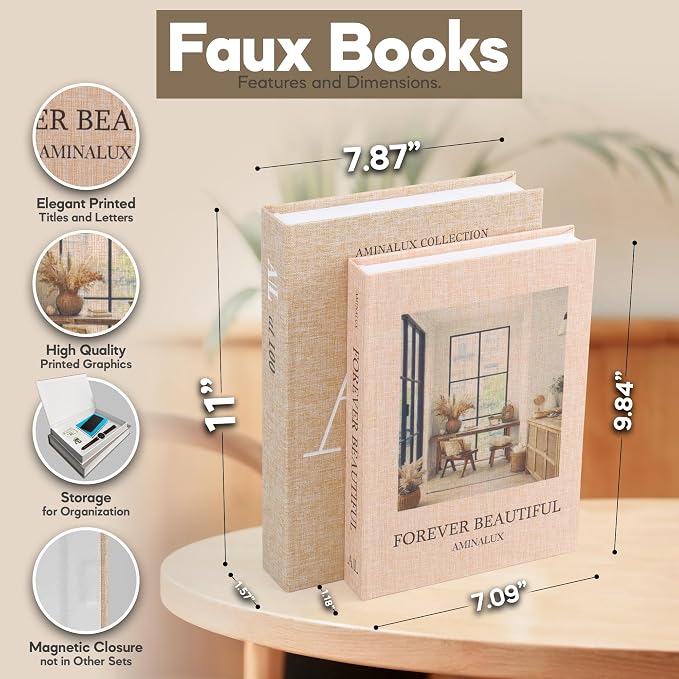 Decorative Books for Home Decor with Storage – Set of 2 Faux Linen Book Boxes with Aesthetic Covers – Enhance Your Coffee Table, Bookshelf Decor – Hidden Storage for Photos, Keepsakes, and Jewelry