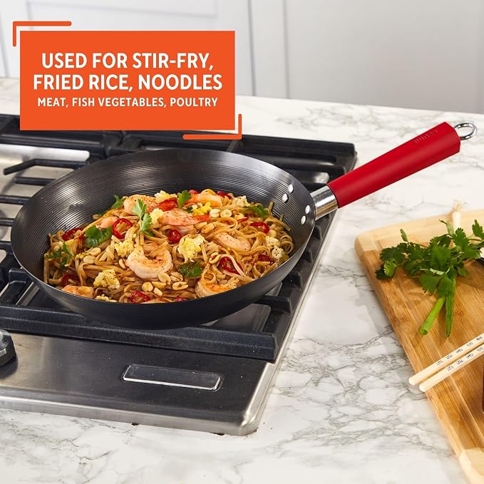 IMUSA USA Inch, Red PAN-10046 12" Nonstick Carbon Steel Wok, Handle | Hanging Ring, Ideal for Stir-Frying, Great for Cooking a Variety of Dishes