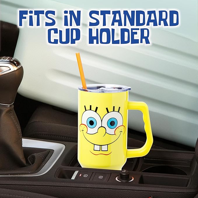 Silver Buffalo SpongeBob SquarePants Double Walled Stainless Steel Tumbler with Handle, Fits in Standard Cup Holder, 40 Ounces