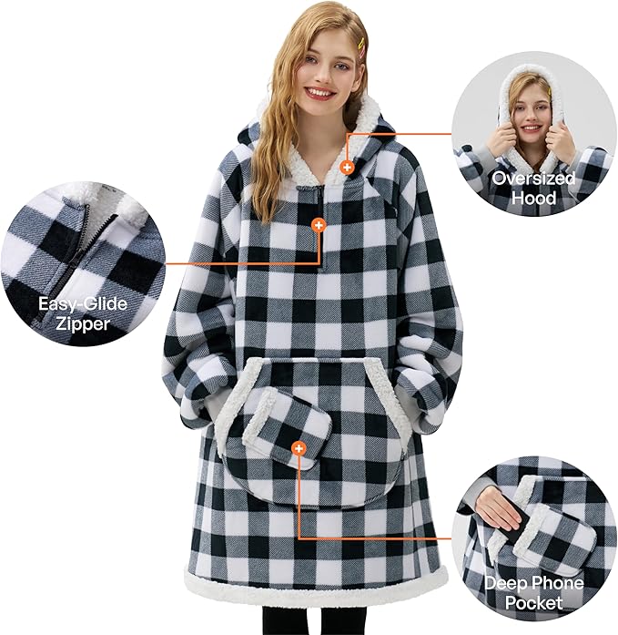 Giggling Getup Wearable Blanket Hoodie for Adults Gifts for Teen Girls Sister Women Sherpa Fleece Printed Hooded Blanket Sweatshirt Warm Cozy with Pocket & Sleeves Black Plaid