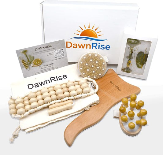 7-Piece Massage Kit – with DawnRise Therapy Massage Board - Jade Roller - Facial Tool - Wooden Bath Belt - Wooden Roller - Bath Brush & Canvas Bag for Full Body & Muscle Massage