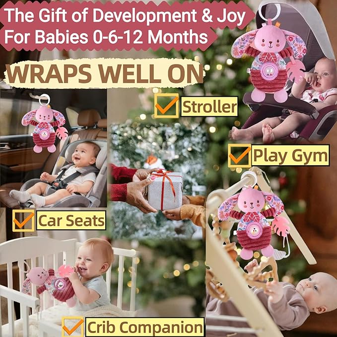 Baby Crib Toys Hanging Stroller Car Seat Toy for Infant 0-3-4-5-6-7 Months Old, Newborn Girl Valentines Day Gifts, Rattle Crinkle Teething Teether for Babies 6-12 Month Easter Basket Stuffers