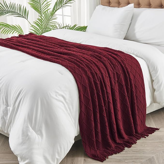 inhand Claret Knitted Throw Blanket for Couch and Bed, 50"x60" | Gifts for Mom from Daughter Son, Soft Lightweight with Tassel, Farmhouse Warm Decorative Blanket for Women, Cozy Knit