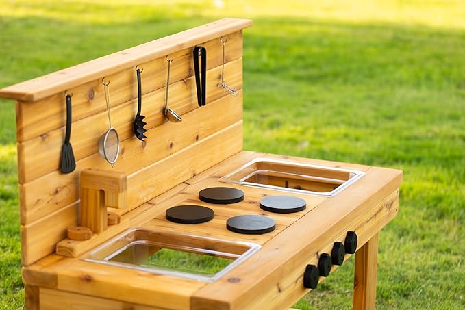 Noble Toys XL Cedar Outdoor Mud Kitchen Centered with Backsplash and Stovetop for Toddlers Kids | Pretend Play Table | Sensory Table | Outside Playset | Real Wooden Kitchens | Preschool Equipment