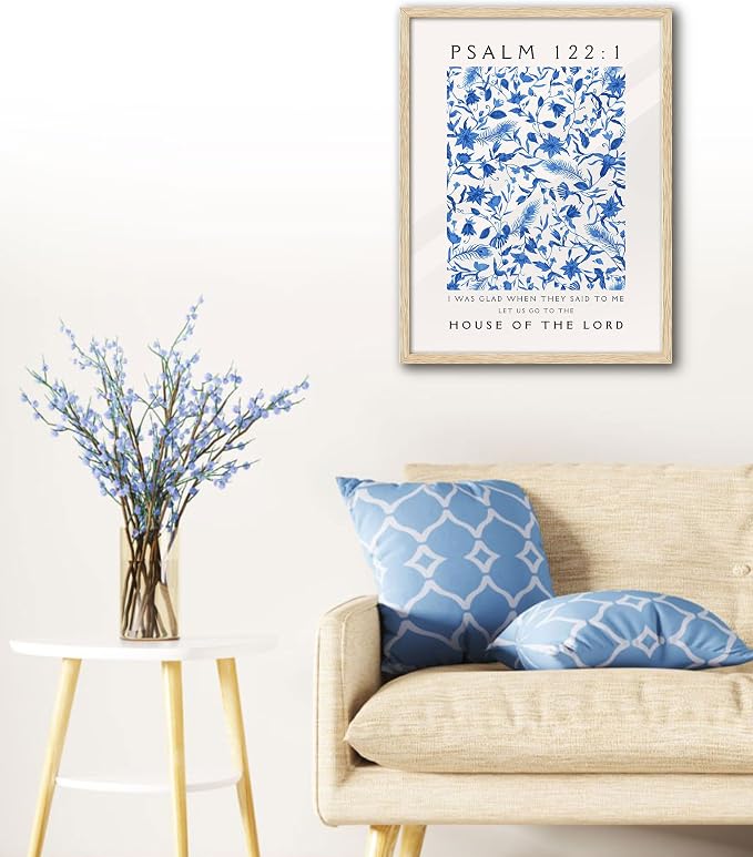 EcoHest 12x16 in Psalm 122:1 Blue Floral Framed Christian Wall Art | Natural Oak Wood Frame with Canvas Wall Art, Botanical Scripture Wall Decor for Bedroom, Living Room, Office, Church, 1Pack