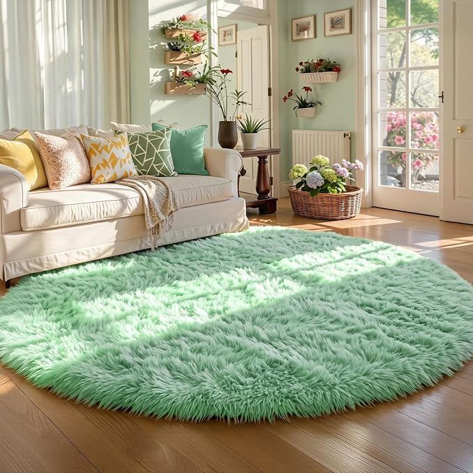 Amdrebio Sage Green Round Rug 4Ft for Bedroom Aesthetic, Fluffy Furry Circle Rugs for Nursery, Classroom, Teen Boys, Baby Kids Room Decor, Cute Shaggy Area Rug for Dorm, Fuzzy Plush Light Mint Carpet