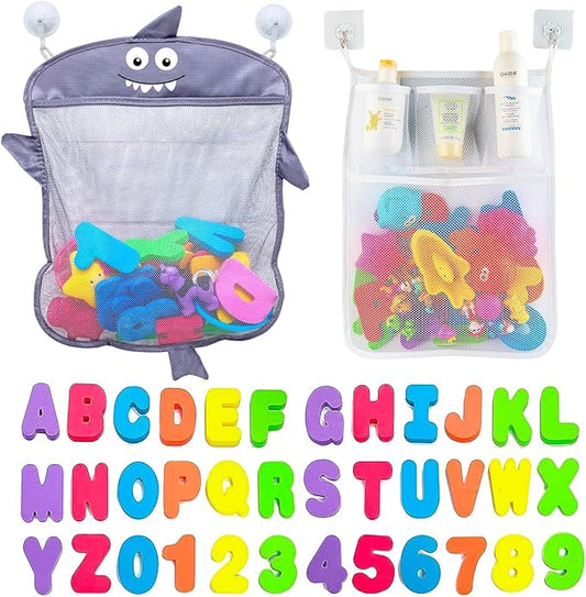 Comfylife Baby Bath Toy Organizer - Shark +36 Bath Letters & Numbers +Extra Bath Toy Storage Net & 10 Strong Hooks, Great Bath Net for Kids, Cute Bathtub Toy Organizer and Bath/Shower Caddy Solution