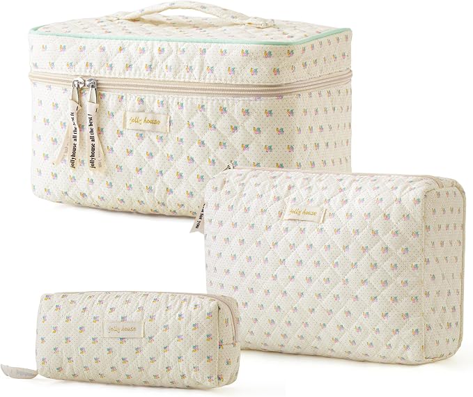 HBselect Quilted Makeup Bag, 3PCS Cotton Large Travel Makeup Bag, Cute Floral Coquette Make up Bag Cosmetic Bag Toiletry Bag for Women Girls