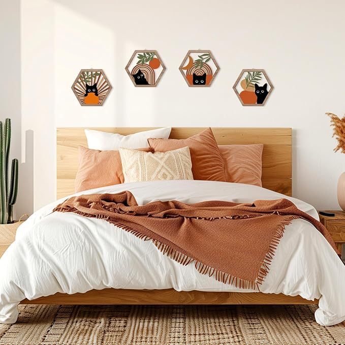 Boho Black Cat Wall Decor, Farmhouse Geometric Hanging Wooden Wall Art, 4 Pieces 11''x9.8'' Mid Century Bohemian Abstract Moon and Sun Wood Sign for Nursery Bedroom Decoration, Lovely Cat Gifts