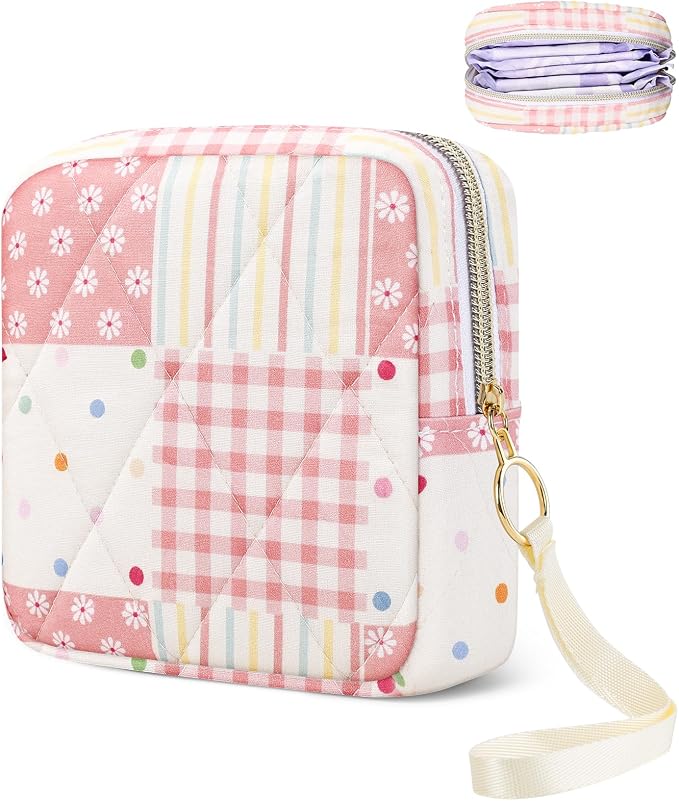 Likesing Quilted Period Bag, Period Pouches for Teen Girls Womens, Portable Floral Print Sanitary Napkin Storage Bag Feminine Emergency Tampon Pad Pouch(Pink Dot Clash)