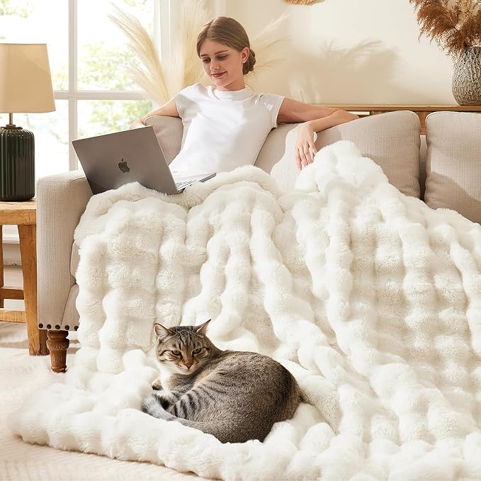L'AGRATY Faux Rabbit Fur Throw Blanket for Couch, 50'' x 60'', Cream White | Soft Cozy Bubble Fluffy Blanket for Sofa Bed, Thick Warm Plush Fuzzy Throw for Room Home Decor, Luxury Gift for Women Mom