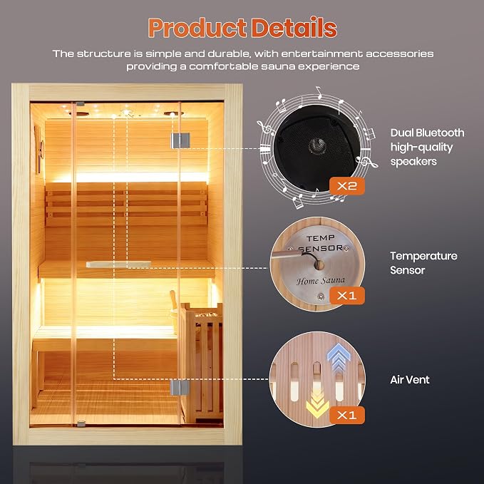 OUTEXER Steam Sauna Traditional Saunas Home Spa Room for 2-3 Person Wet Indoor Saunas 7 Color LED Lights with 240V 3KW Heater,Sauna Stone,Wooden Bucket,Spoon,Thermometer,Hourglass,Cup Holder