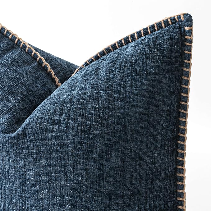 MIULEE Decorative Lumbar Throw Pillow Covers 12x20 Inch Dark Blue 2 Pack | Farmhouse Pillow Covers with Stitched Edge, Soft Chenille Cushion Cases, for Couch Sofa Bed Living Room Home Decor